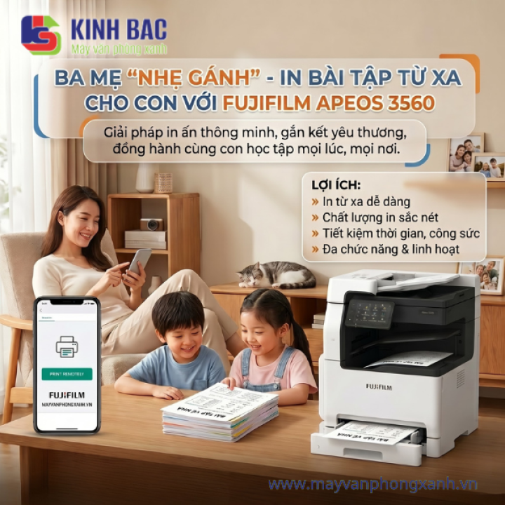 Bố mẹ nhẹ gánh in ấn bài tập từ xa cho con cùng fujifilm apeos 3560