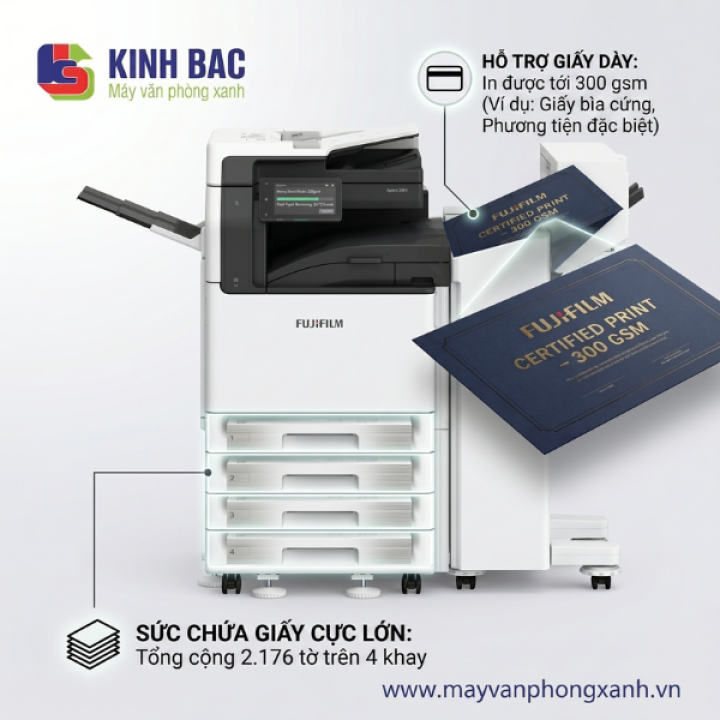 Khám phá khả năng in giấy dày đến 300 gsm và sức chứa khay giấy khổng lồ 2.176 tờ của Fujifilm Apeos 2561
